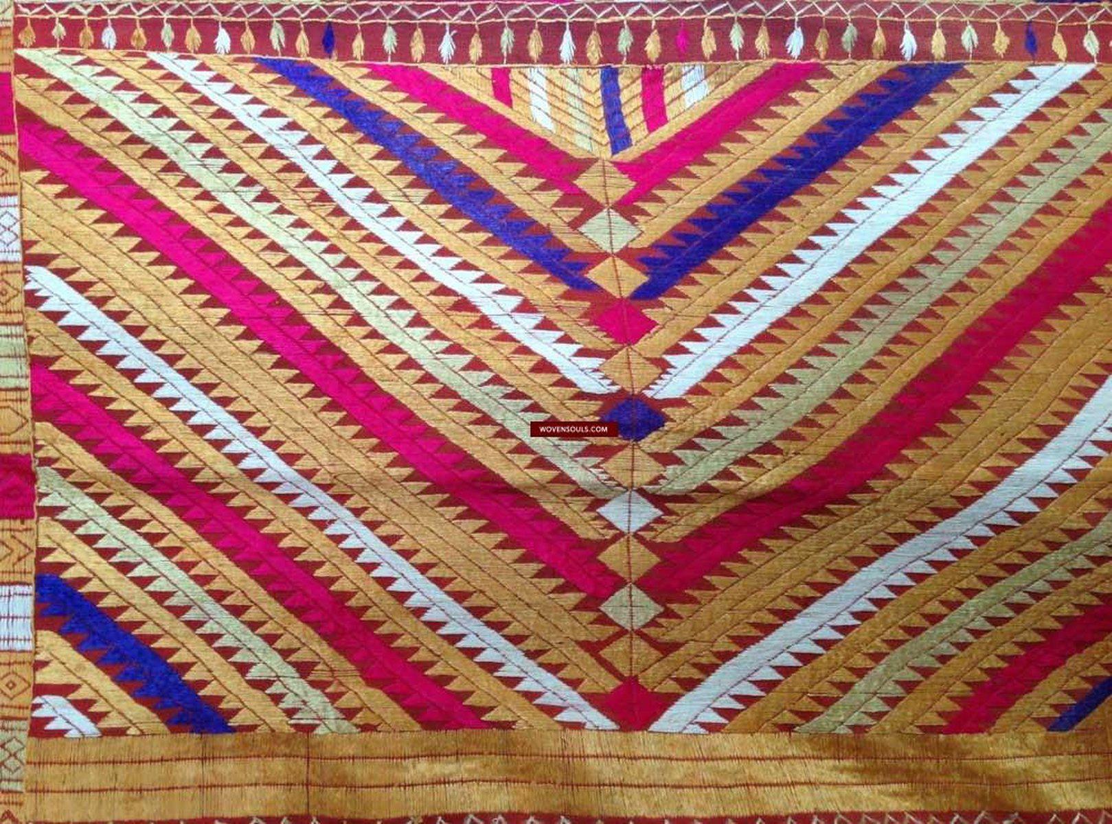 668 SOLD Indian textiles Pachranga Bagh Phulkari Wedding Shawl - Silk Embroidery Punjab-WOVENSOULS-Antique-Vintage-Textiles-Art-Decor