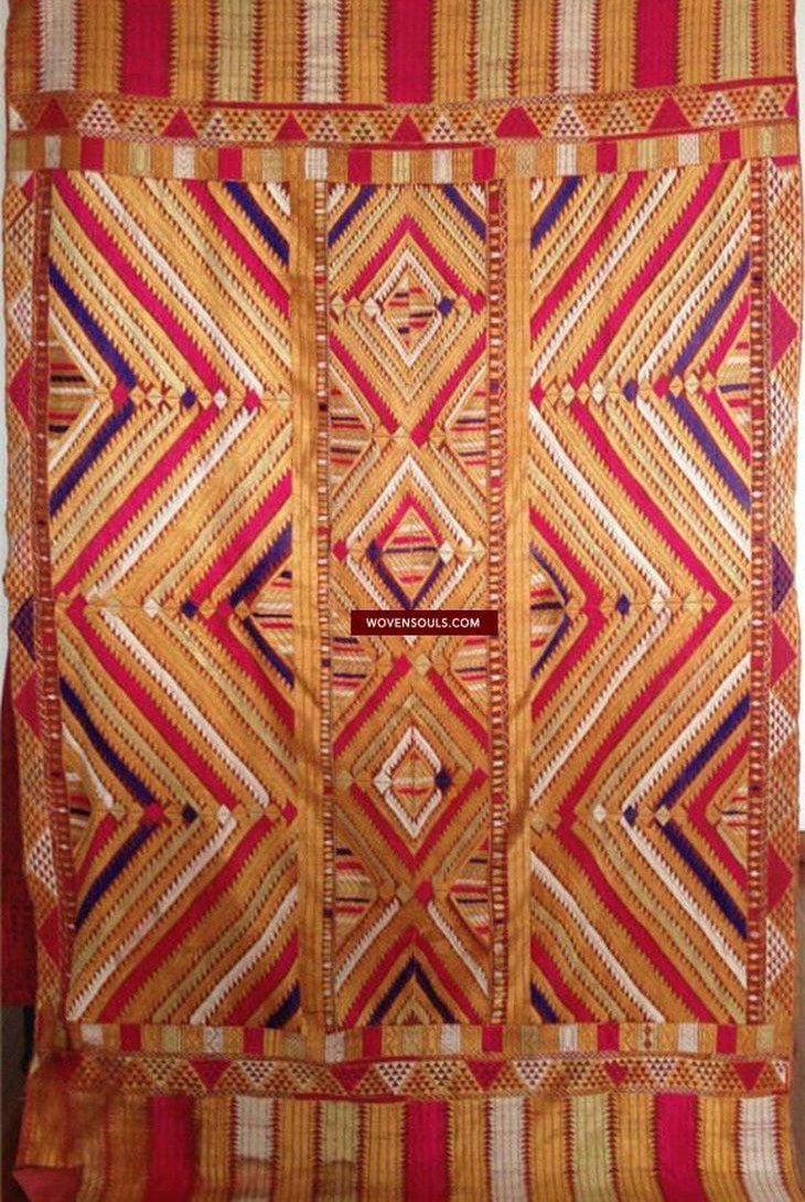 668 SOLD Indian textiles Pachranga Bagh Phulkari Wedding Shawl - Silk Embroidery Punjab-WOVENSOULS-Antique-Vintage-Textiles-Art-Decor