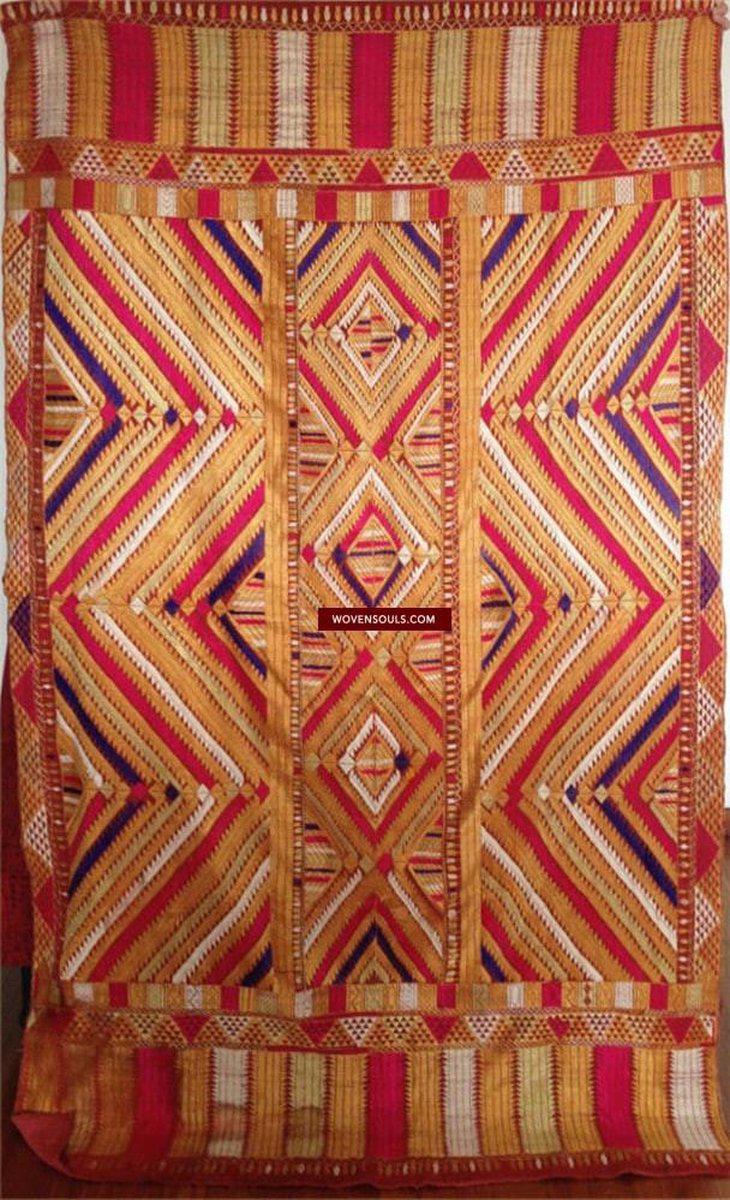 668 SOLD Indian textiles Pachranga Bagh Phulkari Wedding Shawl - Silk Embroidery Punjab-WOVENSOULS-Antique-Vintage-Textiles-Art-Decor