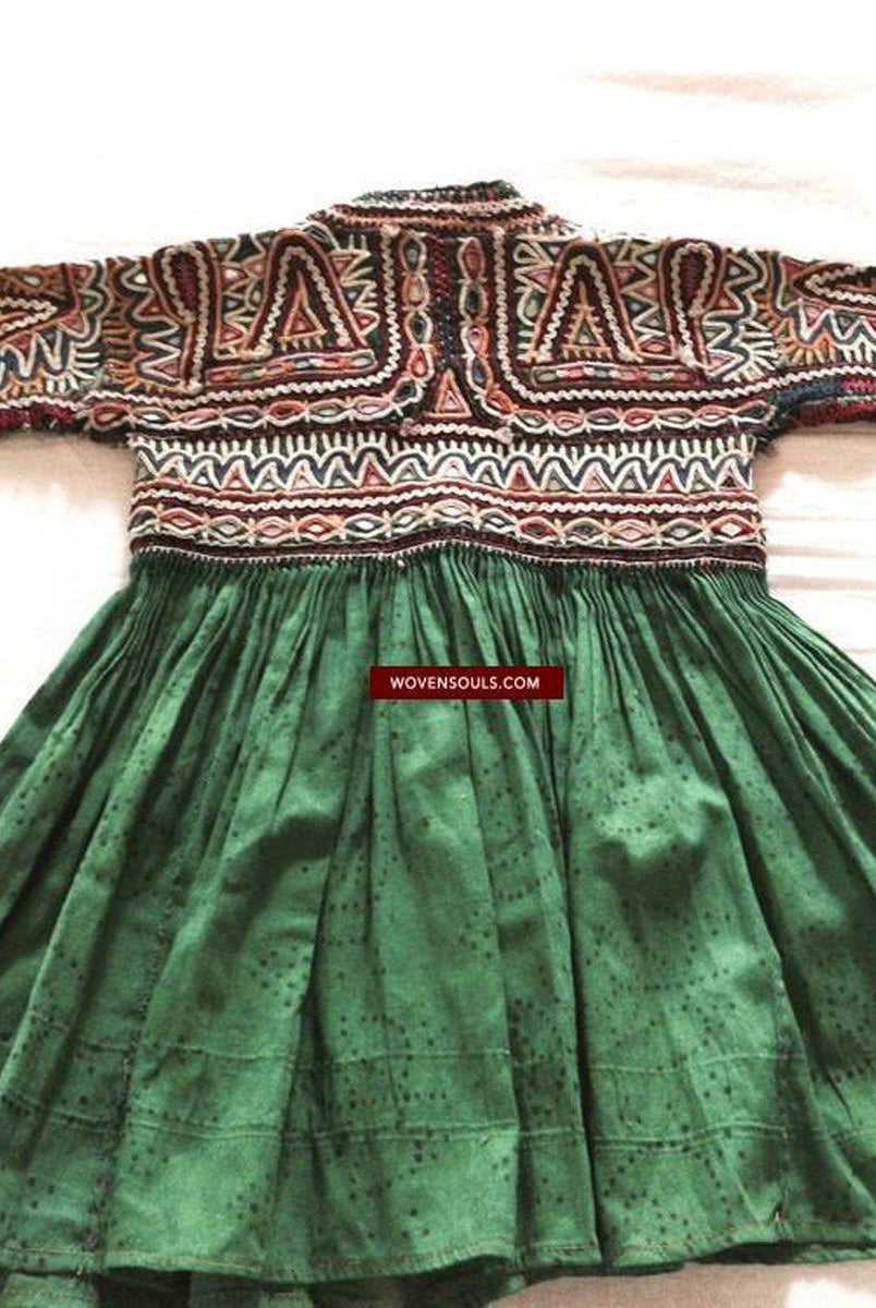 764 Vintage Child-Groom's Green Embroidered Kediyu Garment - Rabari Tribe-WOVENSOULS-Antique-Vintage-Textiles-Art-Decor