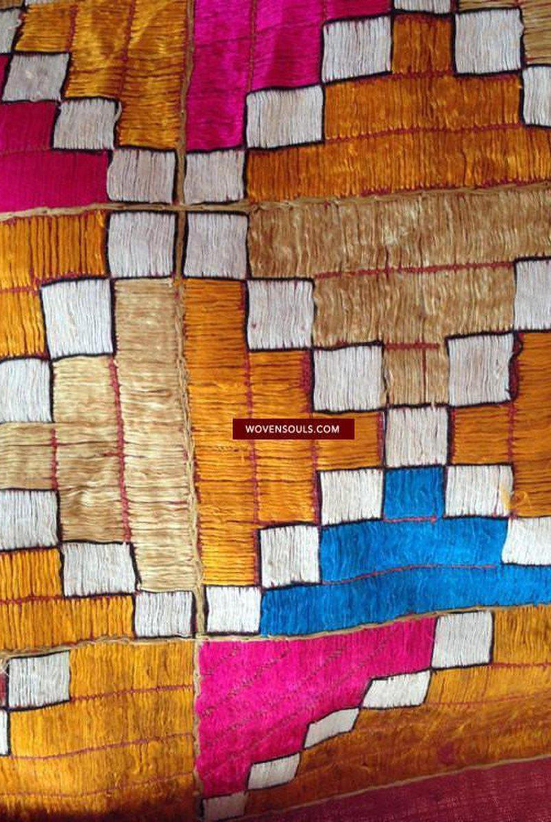 788 Rare Old Cowrie Shell Phulkari Bagh Textile with Blue-WOVENSOULS-Antique-Vintage-Textiles-Art-Decor