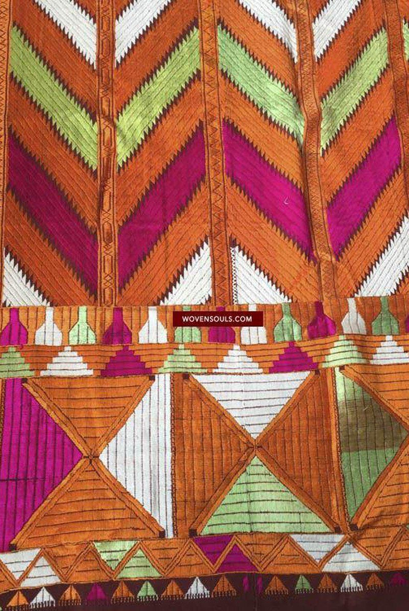 829 Lehariya Bagh Phulkari Schal mit Seidenseide-Stickerei aus Punjab-WOVENSOULS-Antike-Vintage-Textilien-Kunst-Dekor