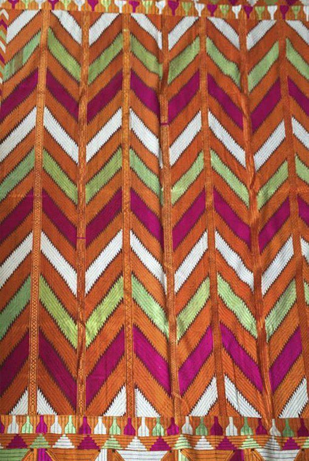 829 Lehariya Bagh Phulkari Silk Floss Embroidery Shawl from Punjab-WOVENSOULS-Antique-Vintage-Textiles-Art-Decor