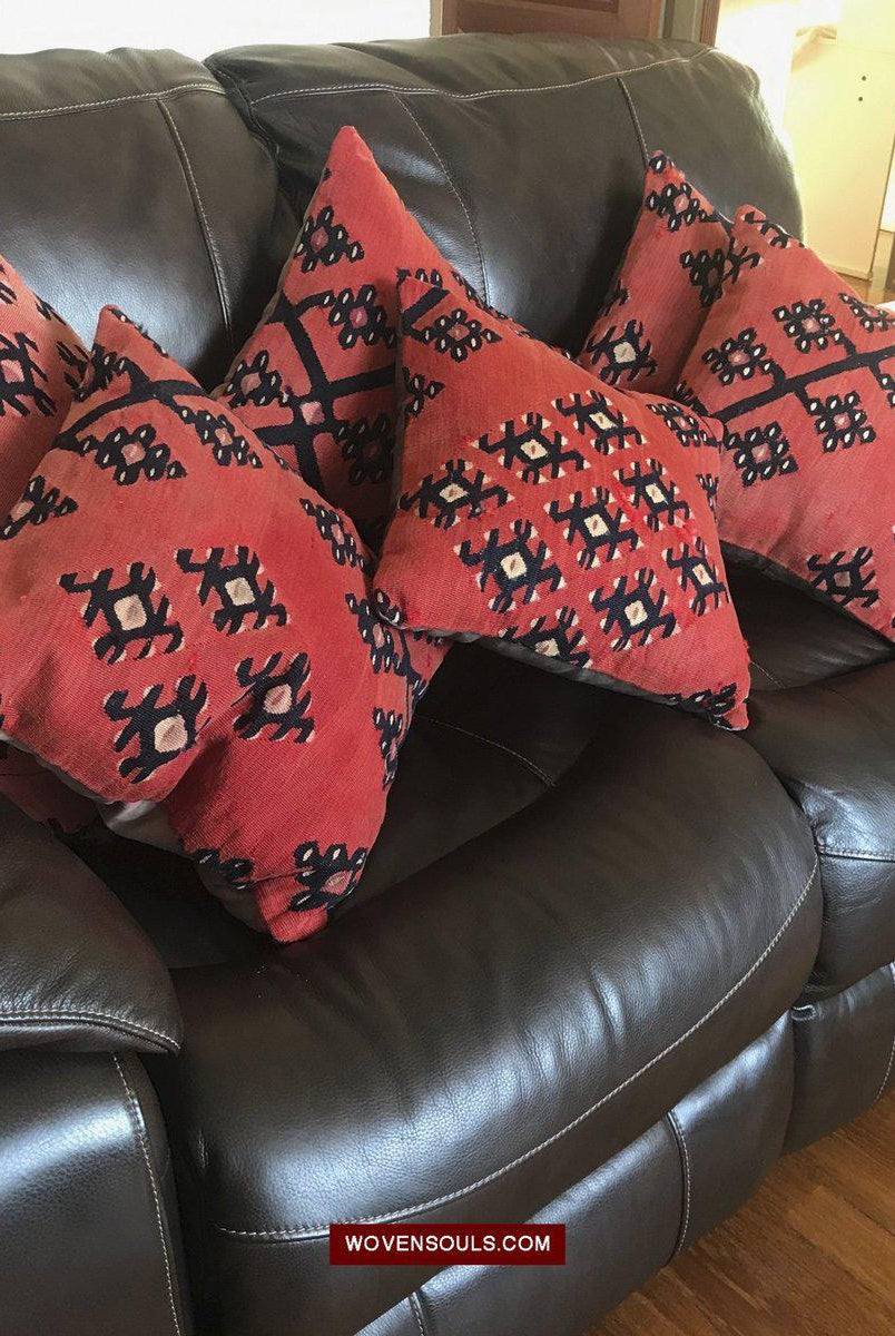 831 Set of 6 Upclycled Sarkoy Kilim Fragment Cushions-WOVENSOULS-Antique-Vintage-Textiles-Art-Decor