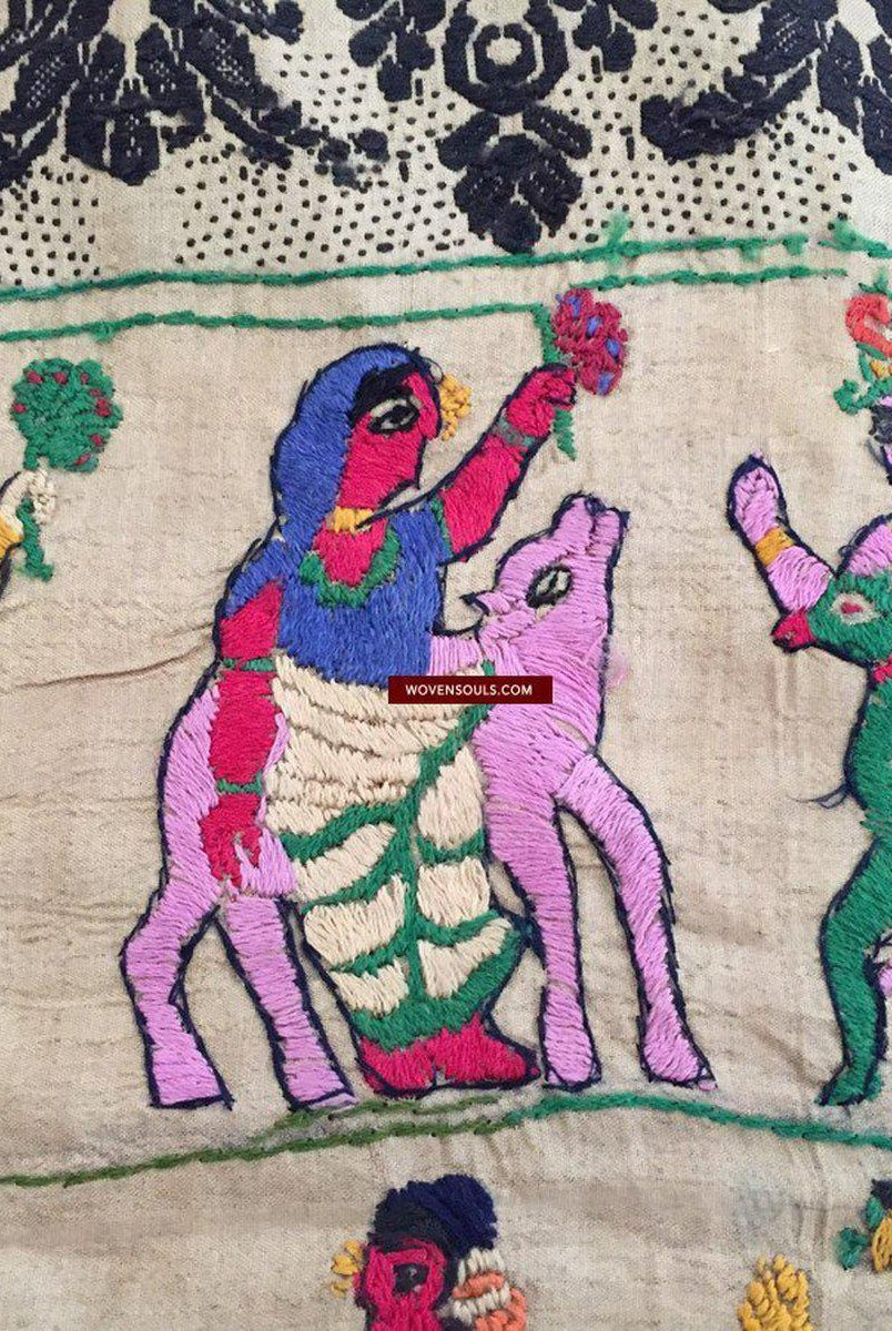 850 seltene Namawali Vrindavani Assam Vastra – Seide mit doppelseitiger Stickerei –WOVENSOULS-Antike-Vintage-Textilien-Kunst-Dekor