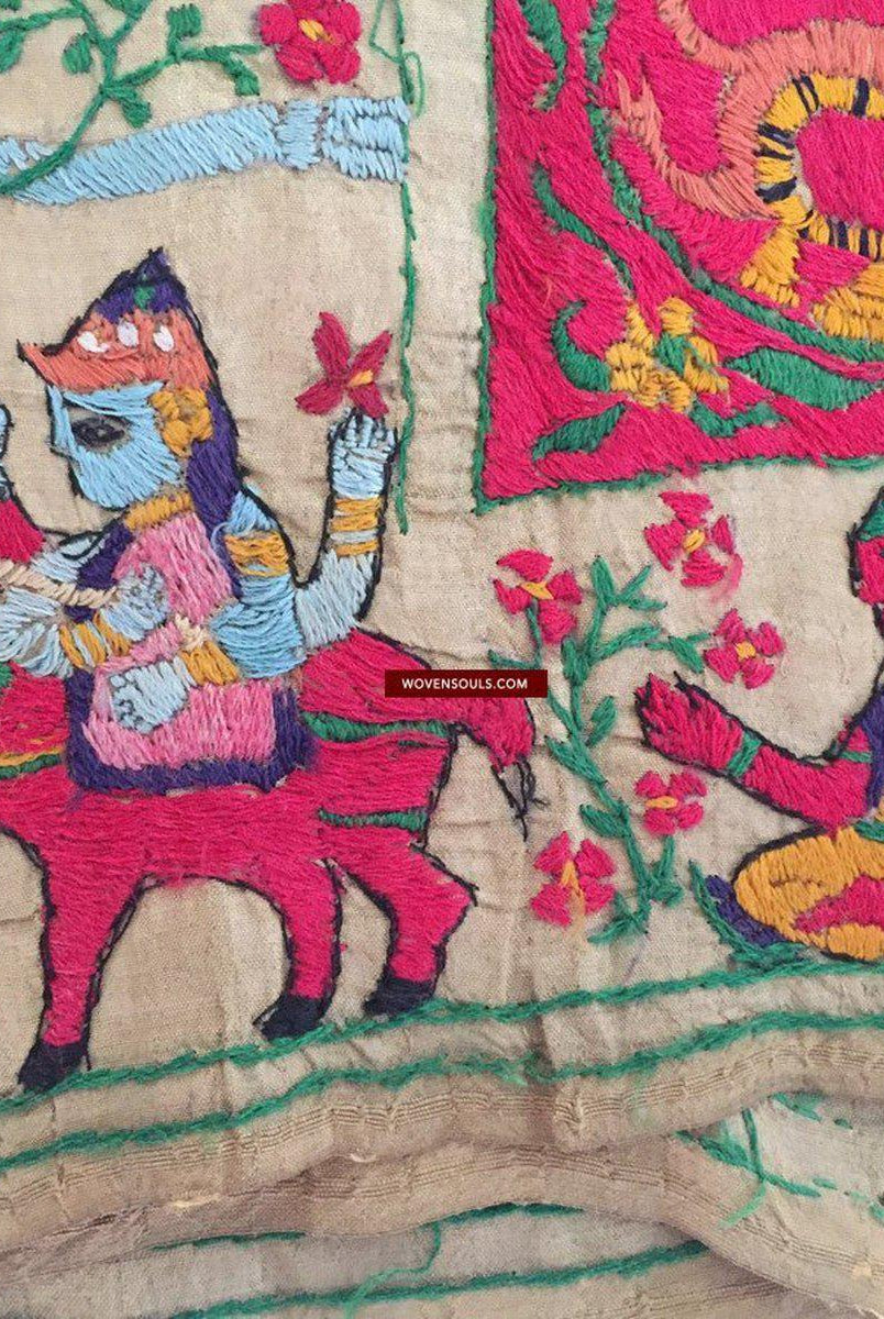 850 seltene Namawali Vrindavani Assam Vastra – Seide mit doppelseitiger Stickerei –WOVENSOULS-Antike-Vintage-Textilien-Kunst-Dekor