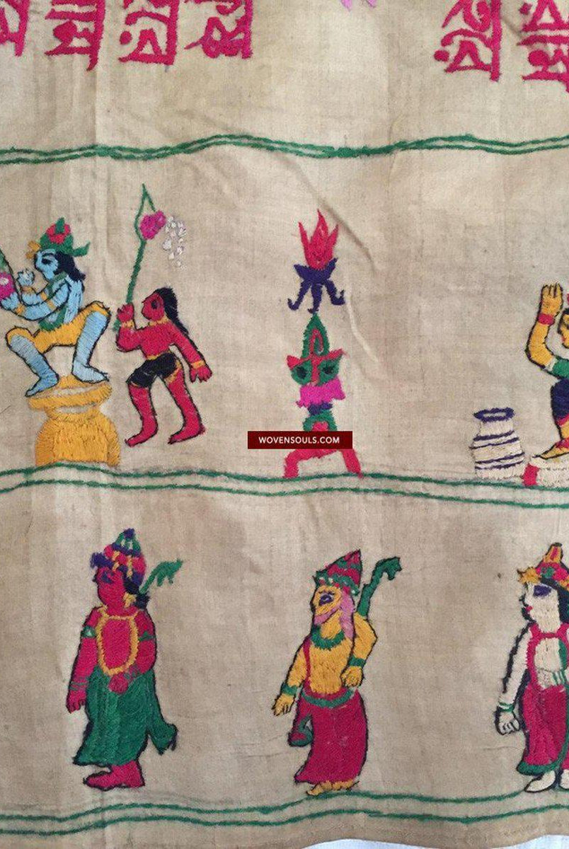 850 seltene Namawali Vrindavani Assam Vastra – Seide mit doppelseitiger Stickerei –WOVENSOULS-Antike-Vintage-Textilien-Kunst-Dekor