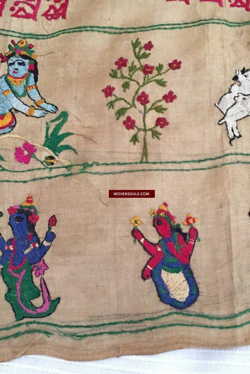 850 seltene Namawali Vrindavani Assam Vastra – Seide mit doppelseitiger Stickerei –WOVENSOULS-Antike-Vintage-Textilien-Kunst-Dekor