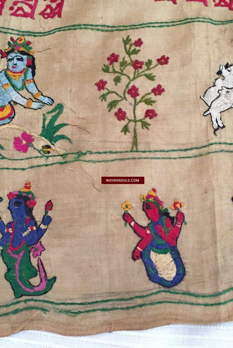 850 seltene Namawali Vrindavani Assam Vastra – Seide mit doppelseitiger Stickerei –WOVENSOULS-Antike-Vintage-Textilien-Kunst-Dekor