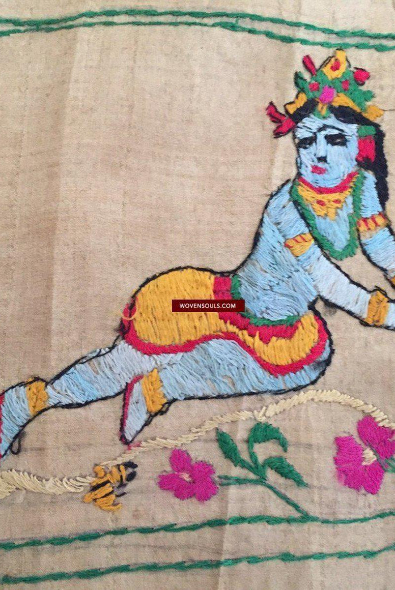 850 seltene Namawali Vrindavani Assam Vastra – Seide mit doppelseitiger Stickerei –WOVENSOULS-Antike-Vintage-Textilien-Kunst-Dekor