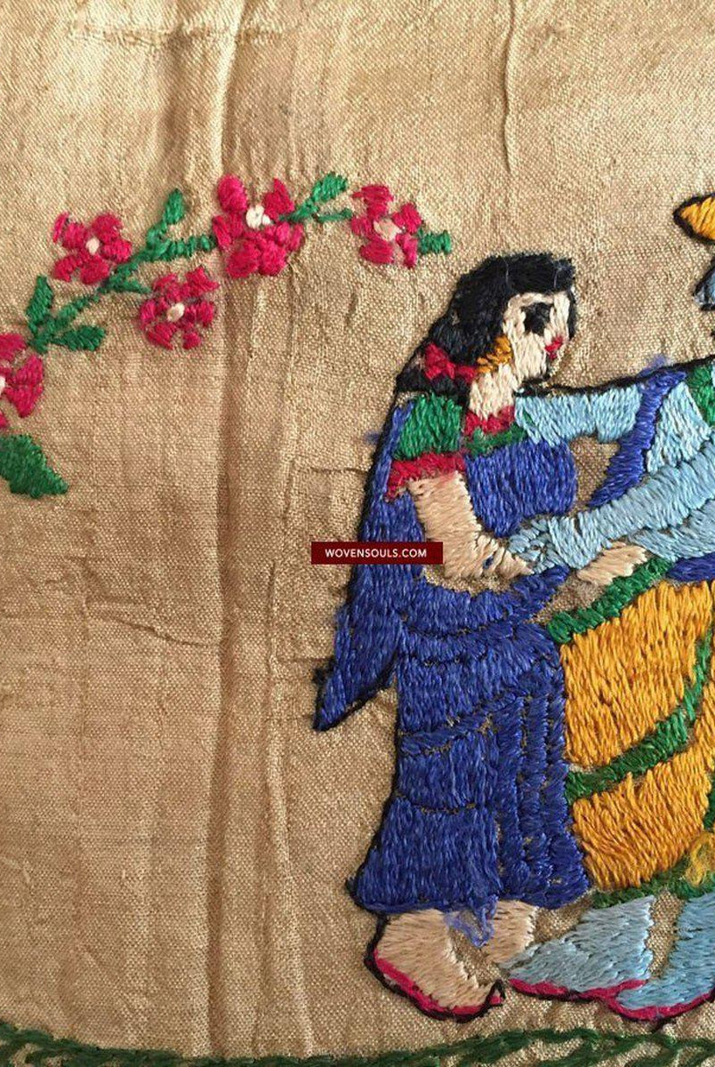 850 seltene Namawali Vrindavani Assam Vastra – Seide mit doppelseitiger Stickerei –WOVENSOULS-Antike-Vintage-Textilien-Kunst-Dekor