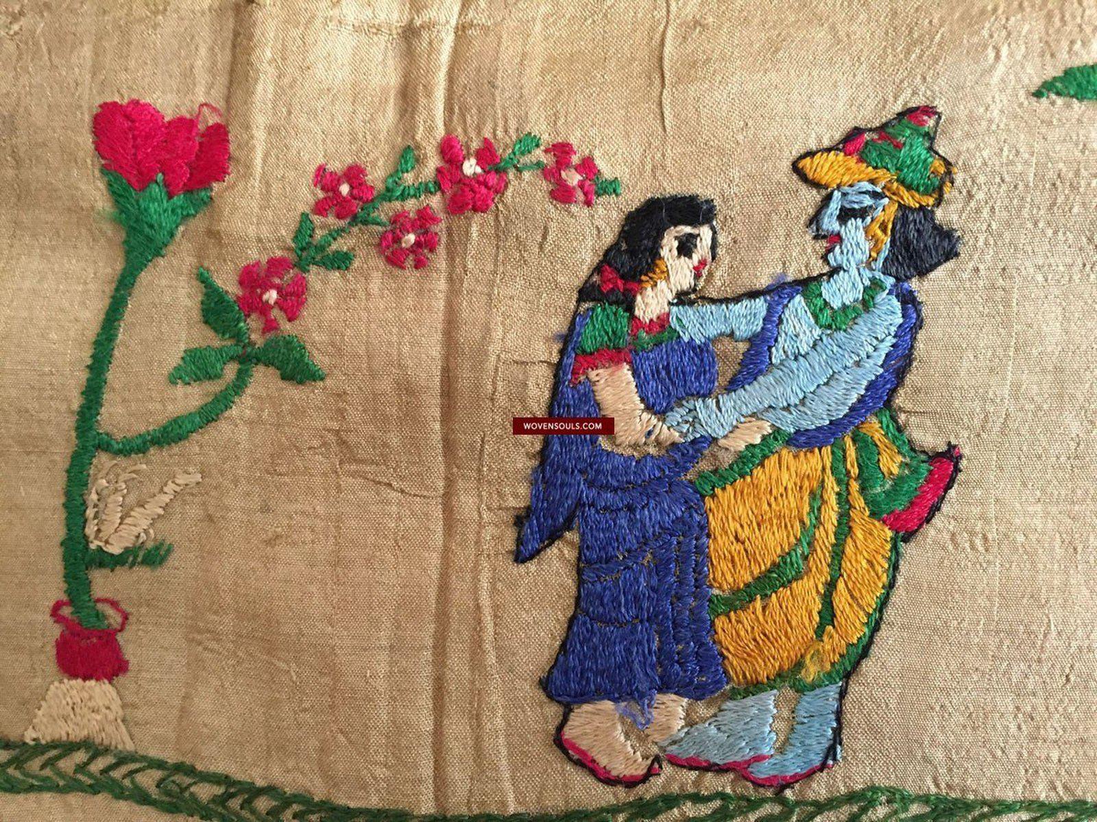 850 Rare Namawali Vrindavani Assam Vastra - Silk with Double Sided Embroidery-WOVENSOULS-Antique-Vintage-Textiles-Art-Decor