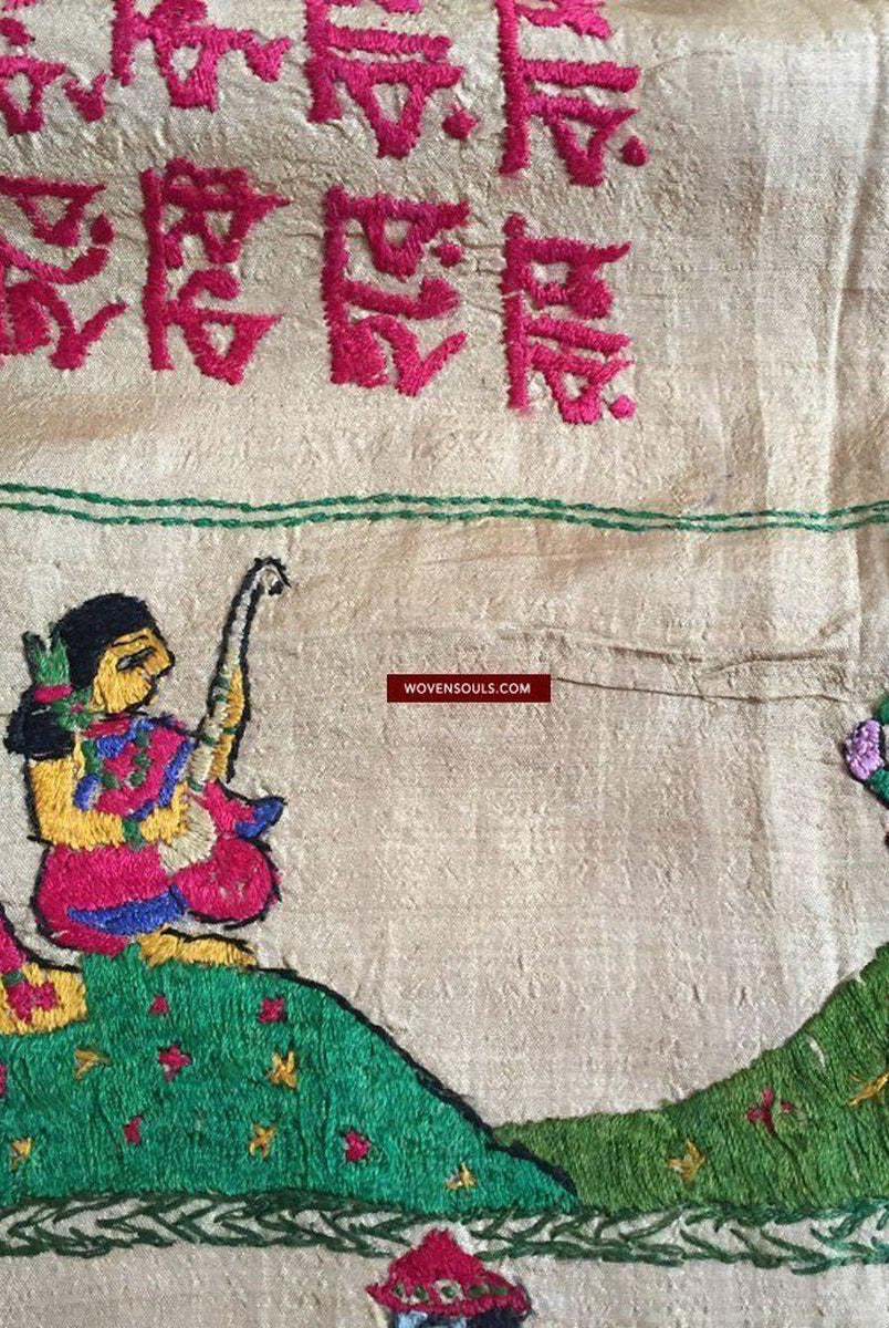 850 seltene Namawali Vrindavani Assam Vastra – Seide mit doppelseitiger Stickerei –WOVENSOULS-Antike-Vintage-Textilien-Kunst-Dekor