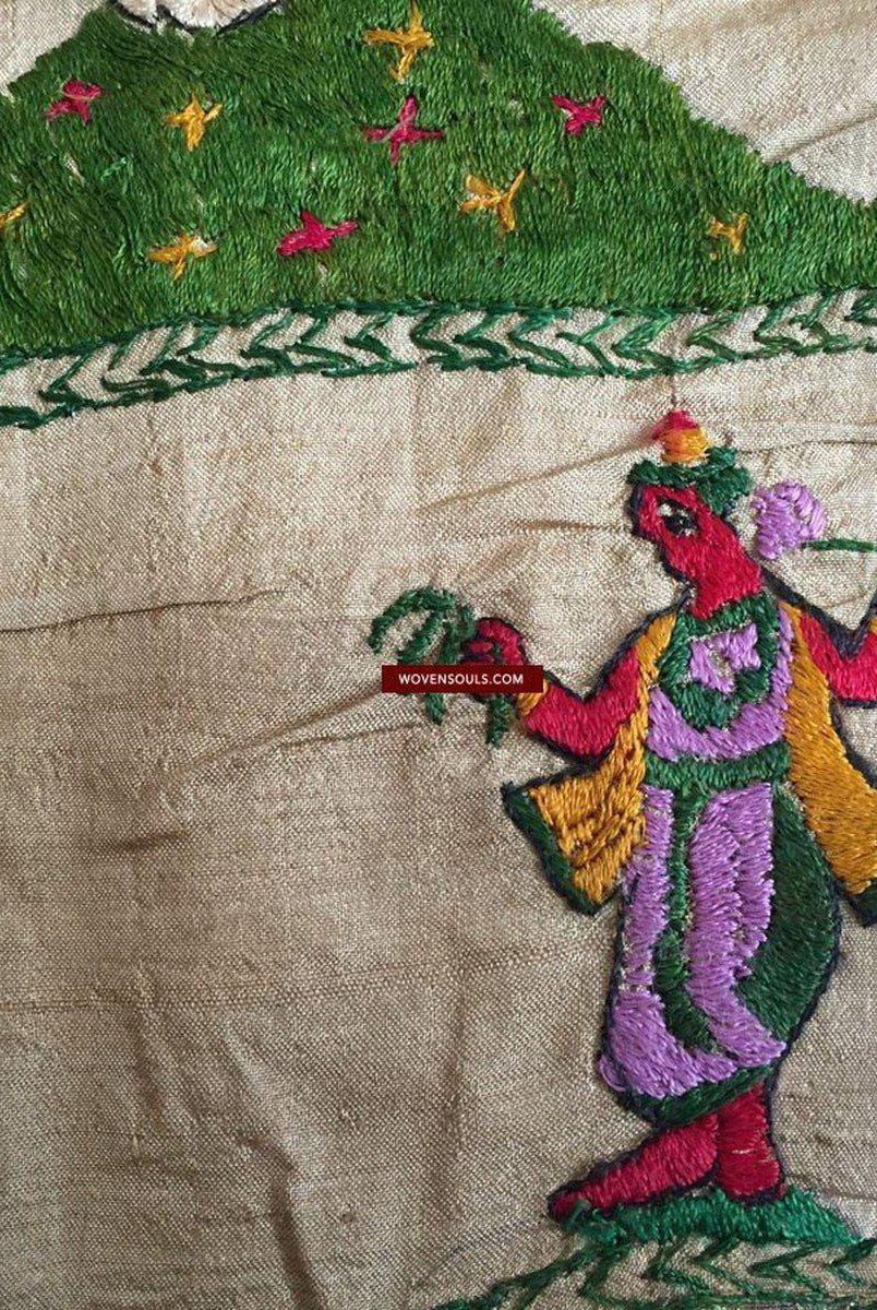850 seltene Namawali Vrindavani Assam Vastra – Seide mit doppelseitiger Stickerei –WOVENSOULS-Antike-Vintage-Textilien-Kunst-Dekor