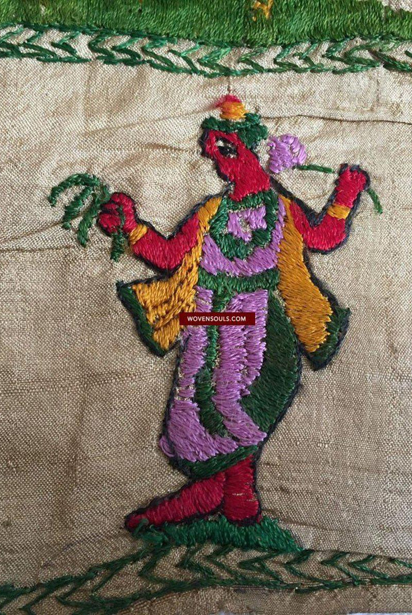 850 seltene Namawali Vrindavani Assam Vastra – Seide mit doppelseitiger Stickerei –WOVENSOULS-Antike-Vintage-Textilien-Kunst-Dekor