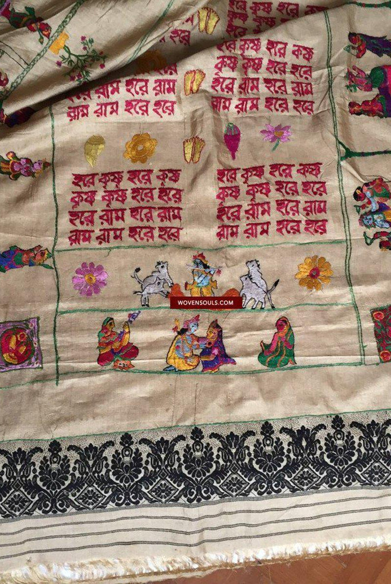 850 seltene Namawali Vrindavani Assam Vastra – Seide mit doppelseitiger Stickerei –WOVENSOULS-Antike-Vintage-Textilien-Kunst-Dekor