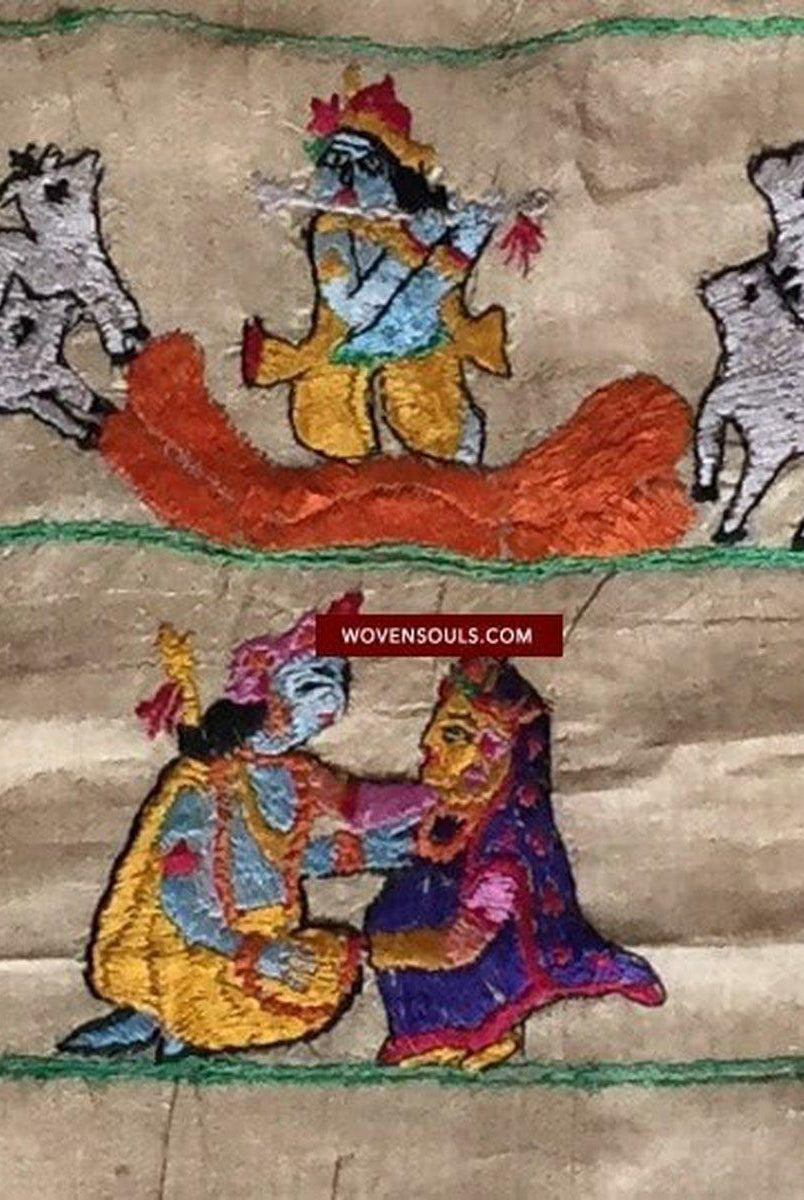 850 seltene Namawali Vrindavani Assam Vastra – Seide mit doppelseitiger Stickerei –WOVENSOULS-Antike-Vintage-Textilien-Kunst-Dekor