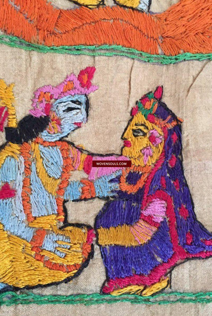 850 seltene Namawali Vrindavani Assam Vastra – Seide mit doppelseitiger Stickerei –WOVENSOULS-Antike-Vintage-Textilien-Kunst-Dekor