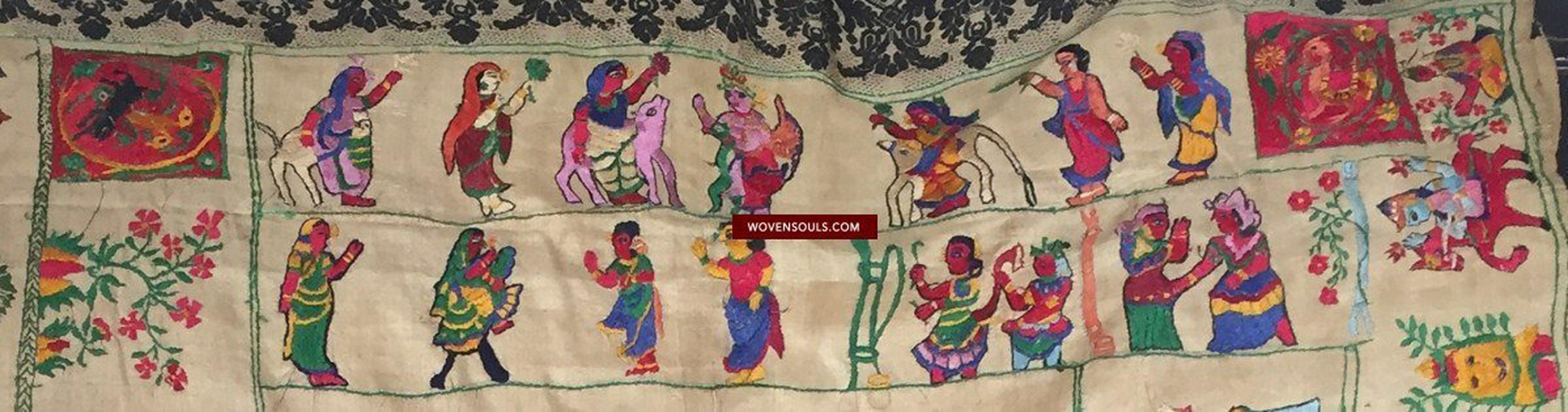 850 Rare Namawali Vrindavani Assam Vastra - Silk with Double Sided Embroidery-WOVENSOULS-Antique-Vintage-Textiles-Art-Decor
