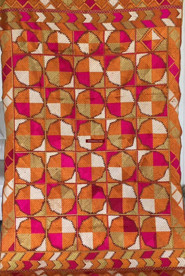 854 SOLD Bagh Phulkari Textile with Charkha or Gobi motif-WOVENSOULS-Antique-Vintage-Textiles-Art-Decor