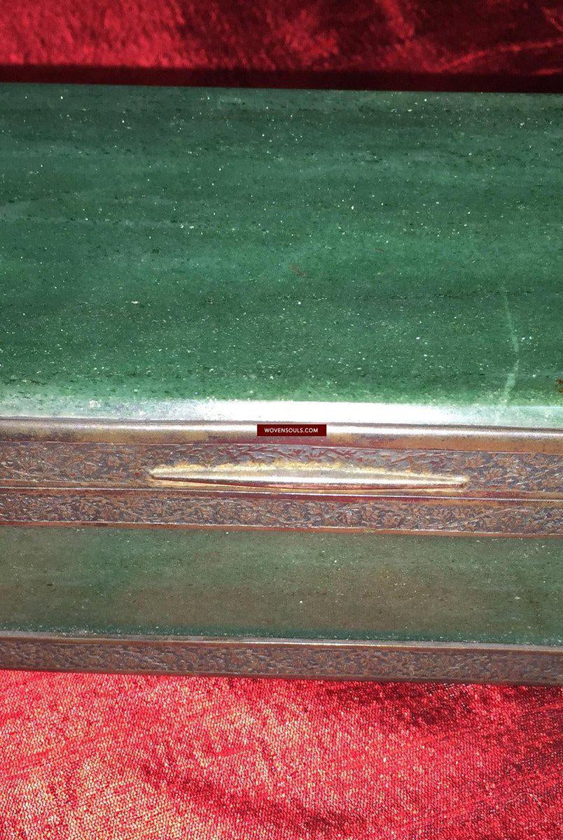 900 Old Parsi Zoroastrian Heirloom Box with Silver & Jade? Quartz?-WOVENSOULS-Antique-Vintage-Textiles-Art-Decor