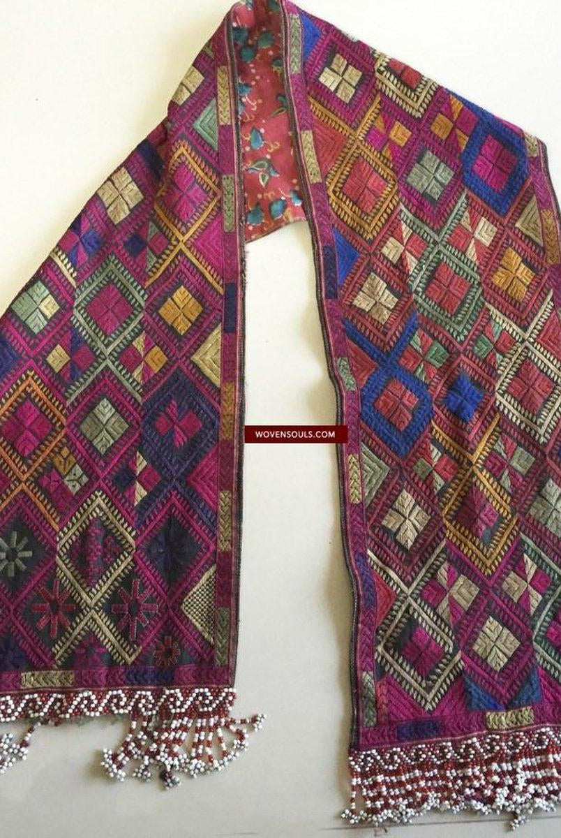 918 Antique Kohistan Embroidered Scarf Textile with Superb beaded Tassels-WOVENSOULS-Antique-Vintage-Textiles-Art-Decor