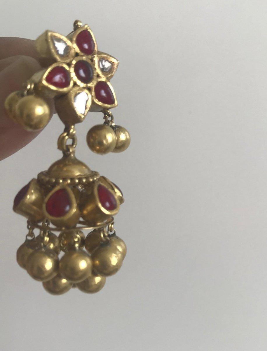 976 Old Gold Jhumki Earrings with Rubies & Diamonds-WOVENSOULS-Antique-Vintage-Textiles-Art-Decor