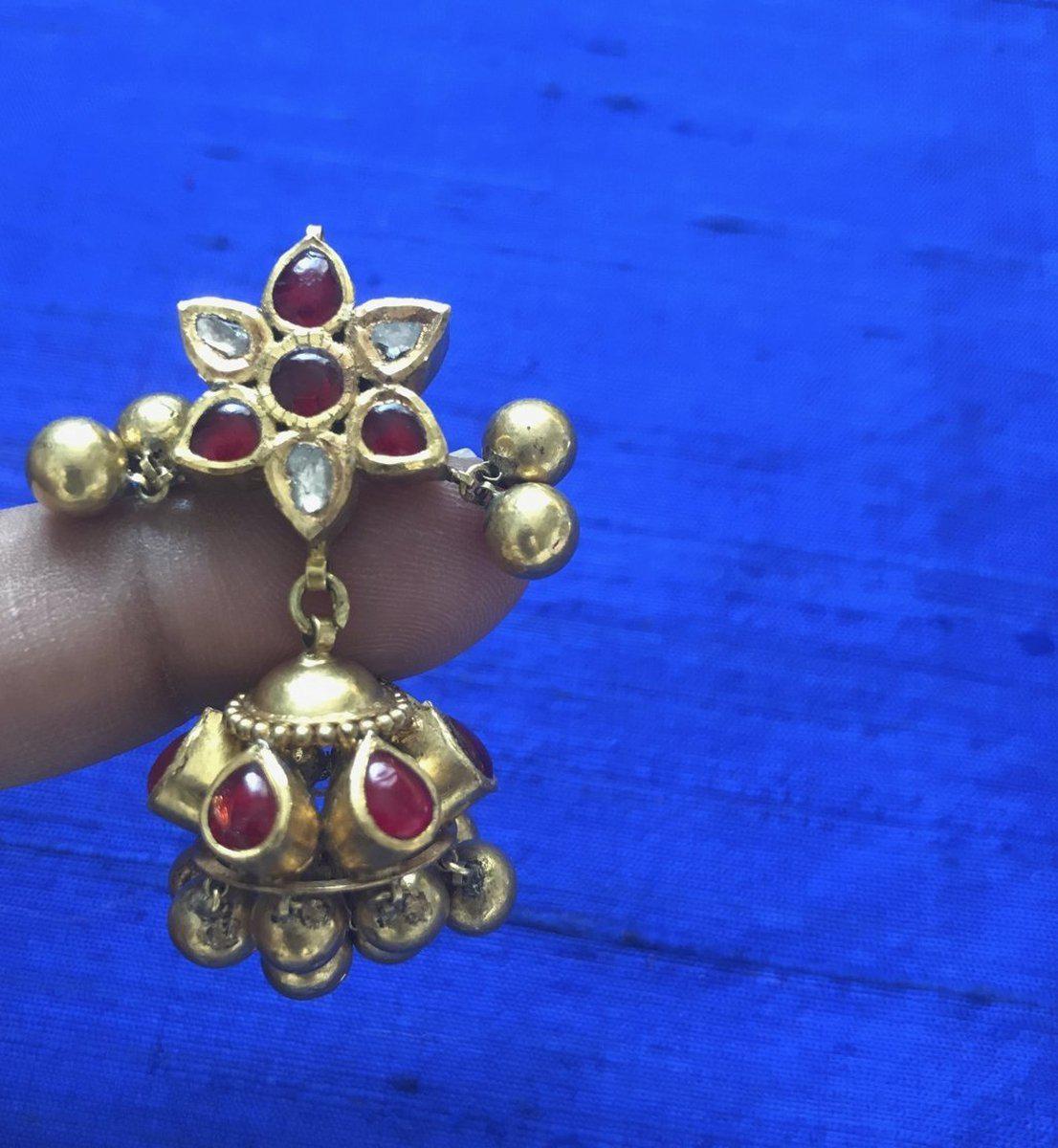 976 Old Gold Jhumki Earrings with Rubies & Diamonds-WOVENSOULS-Antique-Vintage-Textiles-Art-Decor