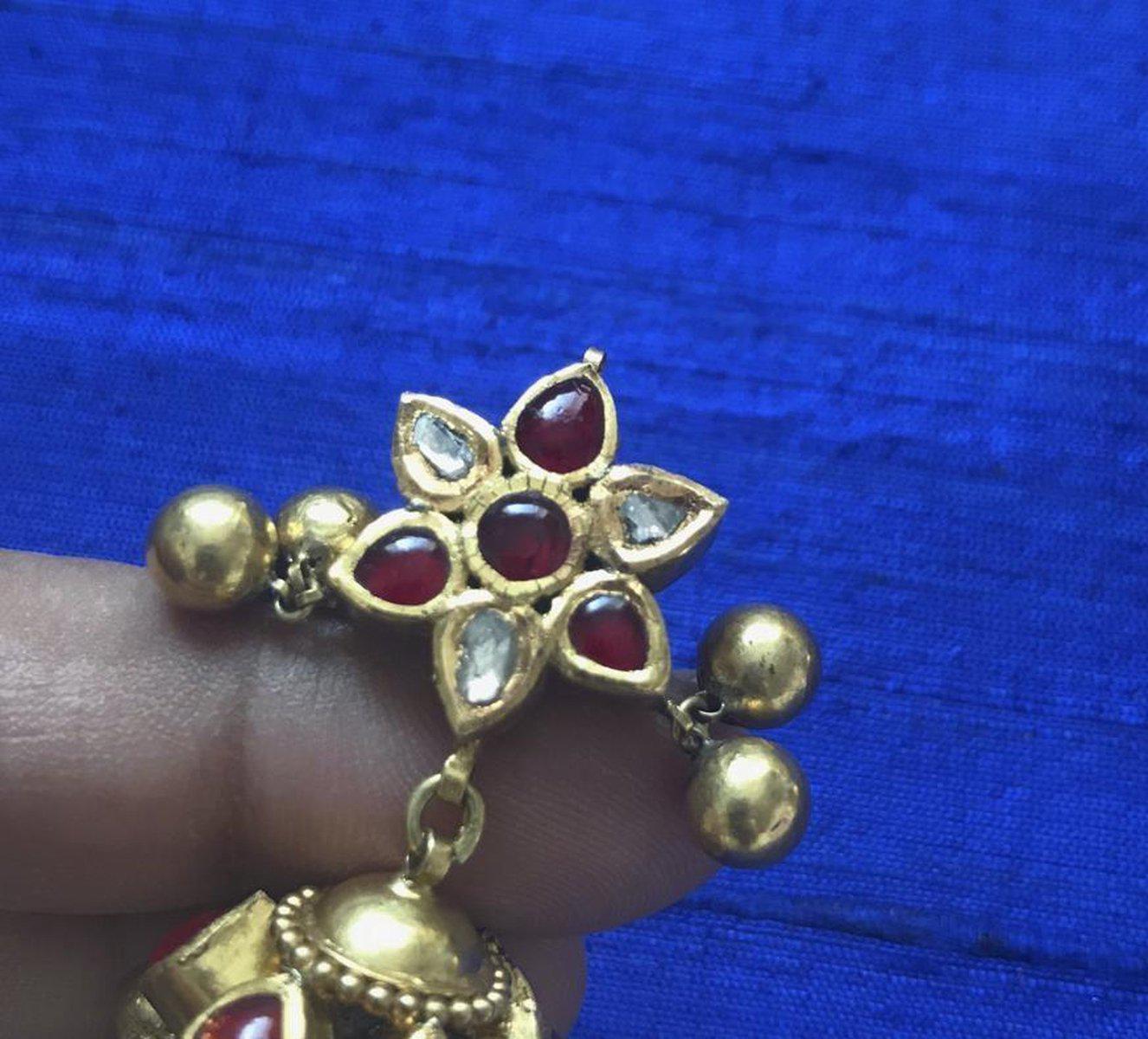 976 Old Gold Jhumki Earrings with Rubies & Diamonds-WOVENSOULS-Antique-Vintage-Textiles-Art-Decor