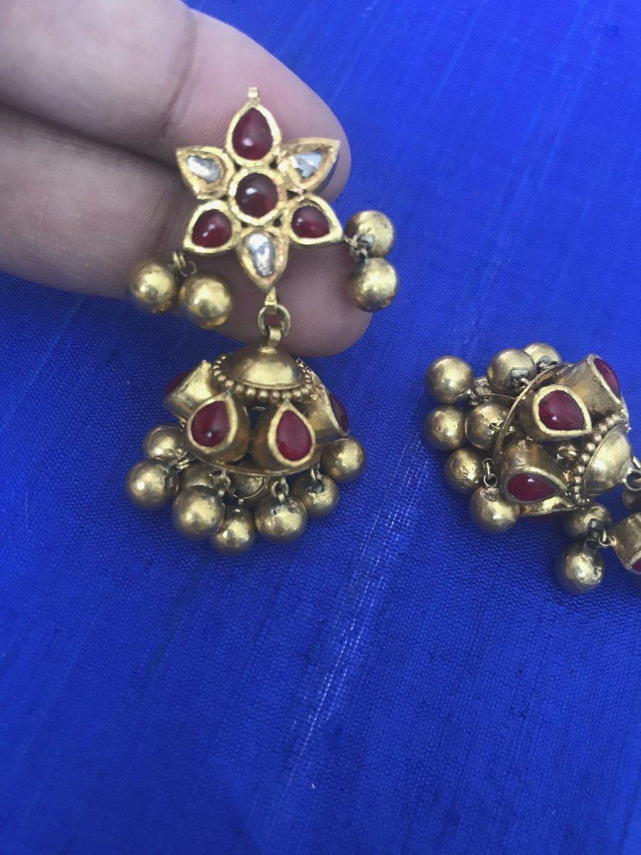 976 Old Gold Jhumki Earrings with Rubies & Diamonds-WOVENSOULS-Antique-Vintage-Textiles-Art-Decor