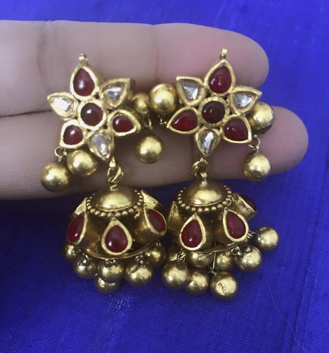 976 Old Gold Jhumki Earrings with Rubies & Diamonds-WOVENSOULS-Antique-Vintage-Textiles-Art-Decor