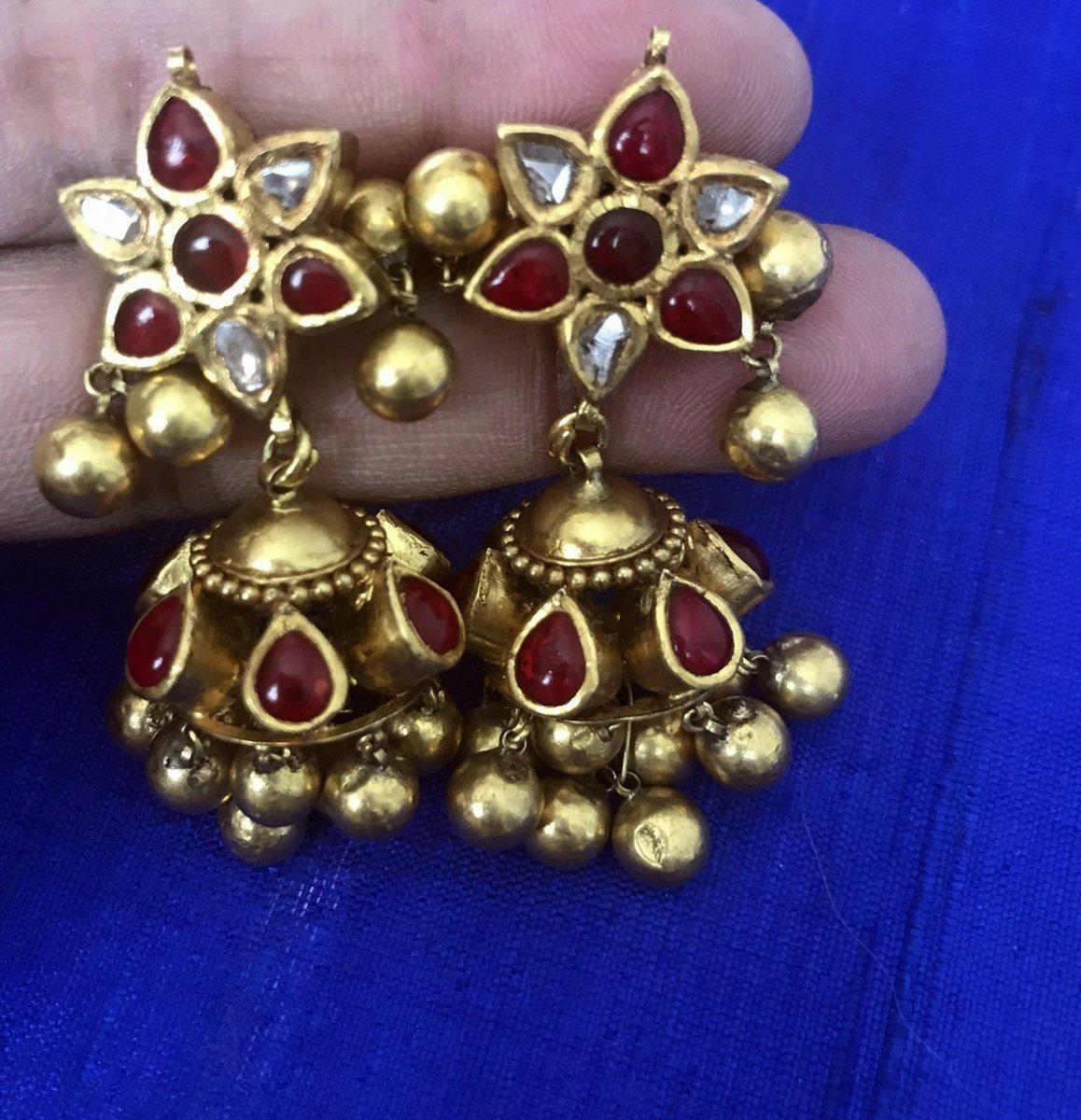 976 Old Gold Jhumki Earrings with Rubies & Diamonds-WOVENSOULS-Antique-Vintage-Textiles-Art-Decor