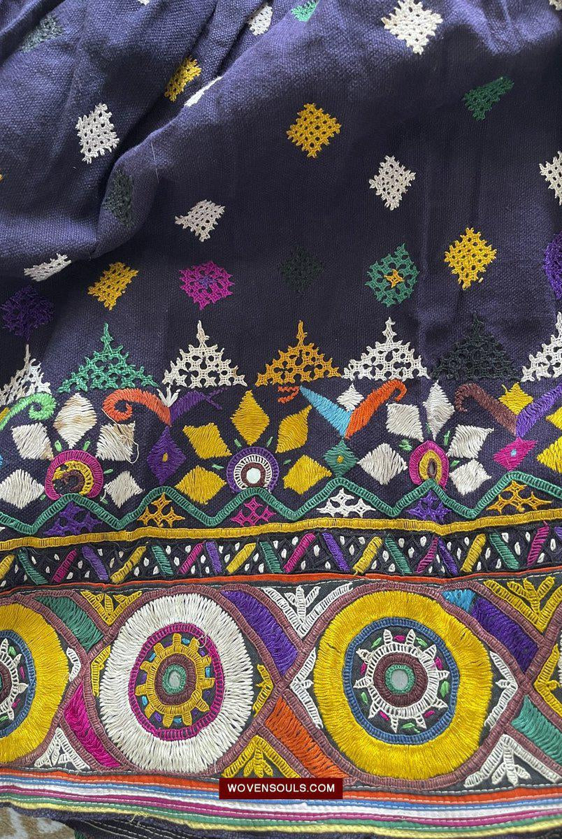 987-A Vintage Blue Gujarati Embroidered Skirt-WOVENSOULS-Antique-Vintage-Textiles-Art-Decor