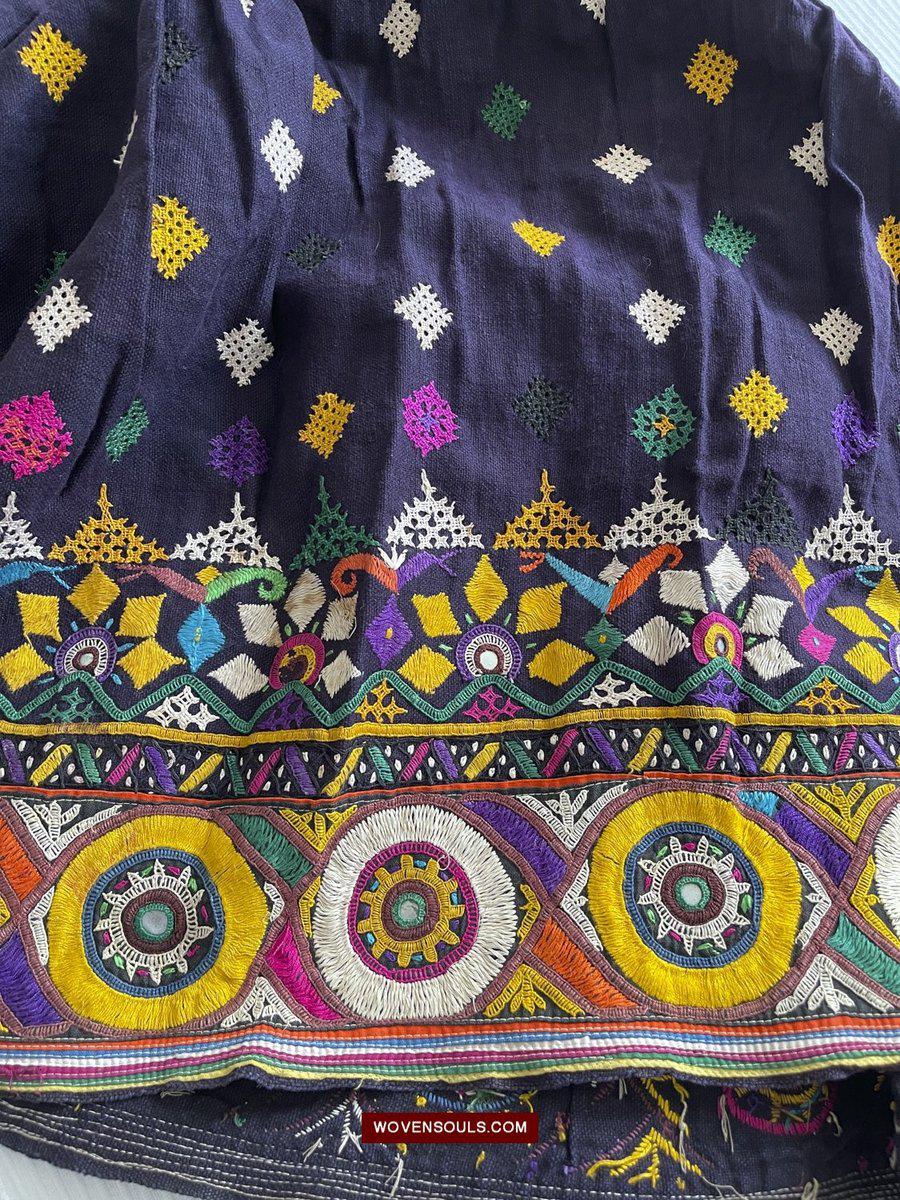 987-A Vintage Blue Gujarati Embroidered Skirt-WOVENSOULS-Antique-Vintage-Textiles-Art-Decor