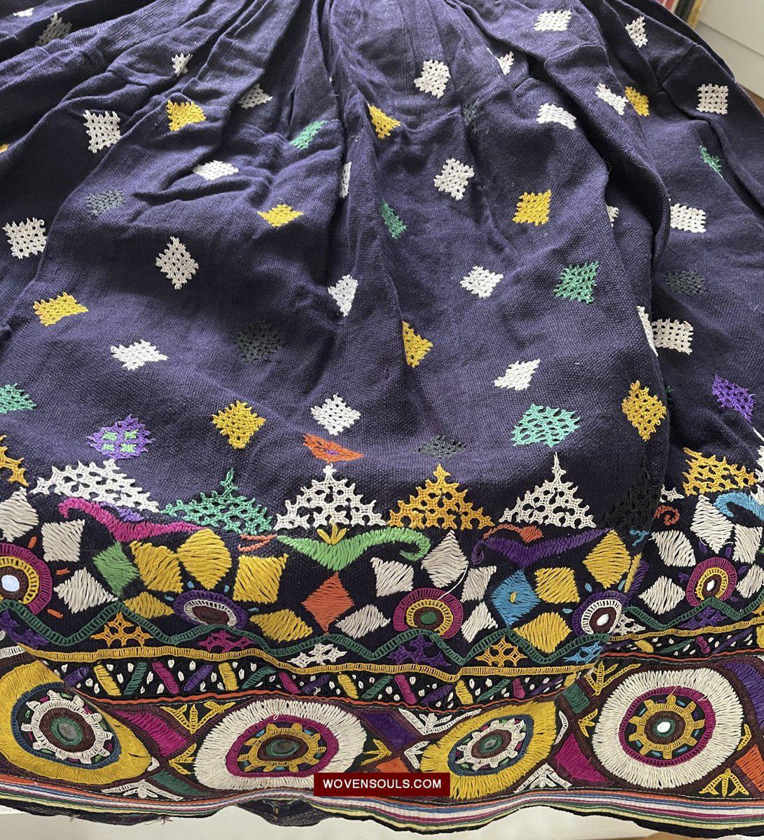 987-A Vintage Blue Gujarati Embroidered Skirt-WOVENSOULS-Antique-Vintage-Textiles-Art-Decor