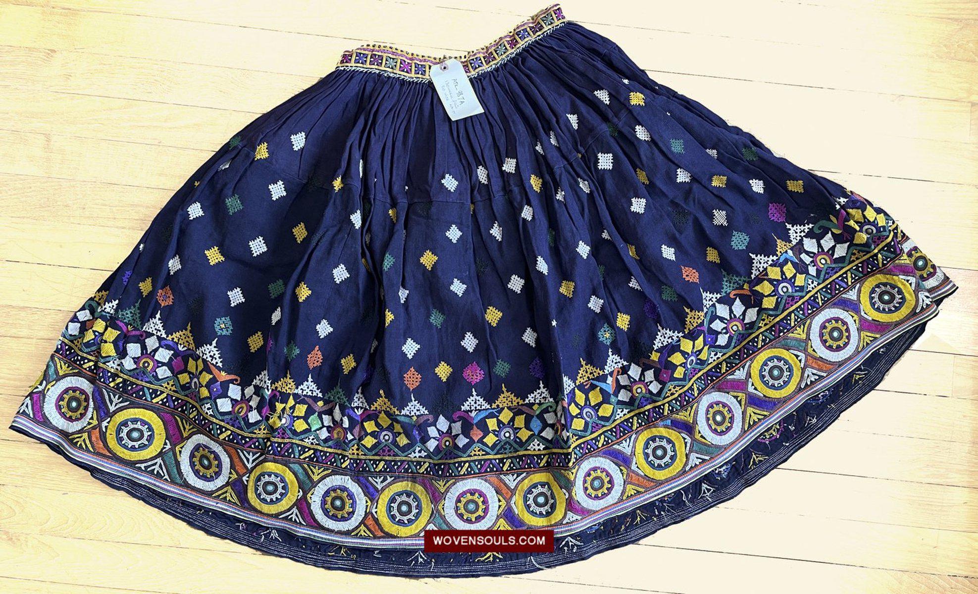 987-A Vintage Blue Gujarati Embroidered Skirt-WOVENSOULS-Antique-Vintage-Textiles-Art-Decor