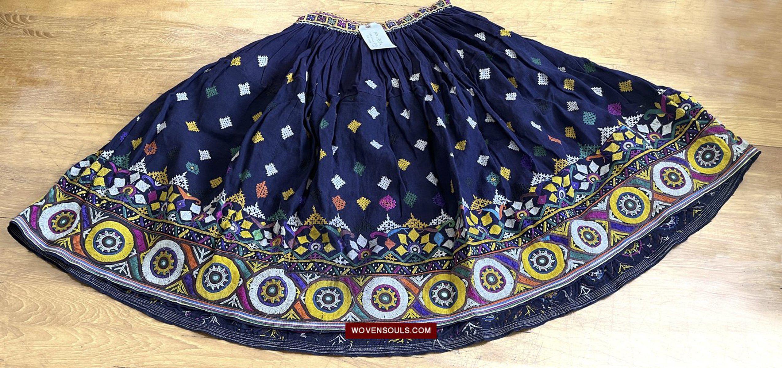 987-A Vintage Blue Gujarati Embroidered Skirt-WOVENSOULS-Antique-Vintage-Textiles-Art-Decor