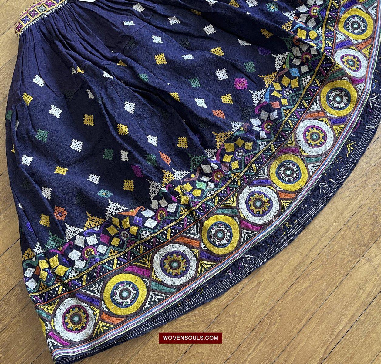 987-A Vintage Blue Gujarati Embroidered Skirt-WOVENSOULS-Antique-Vintage-Textiles-Art-Decor