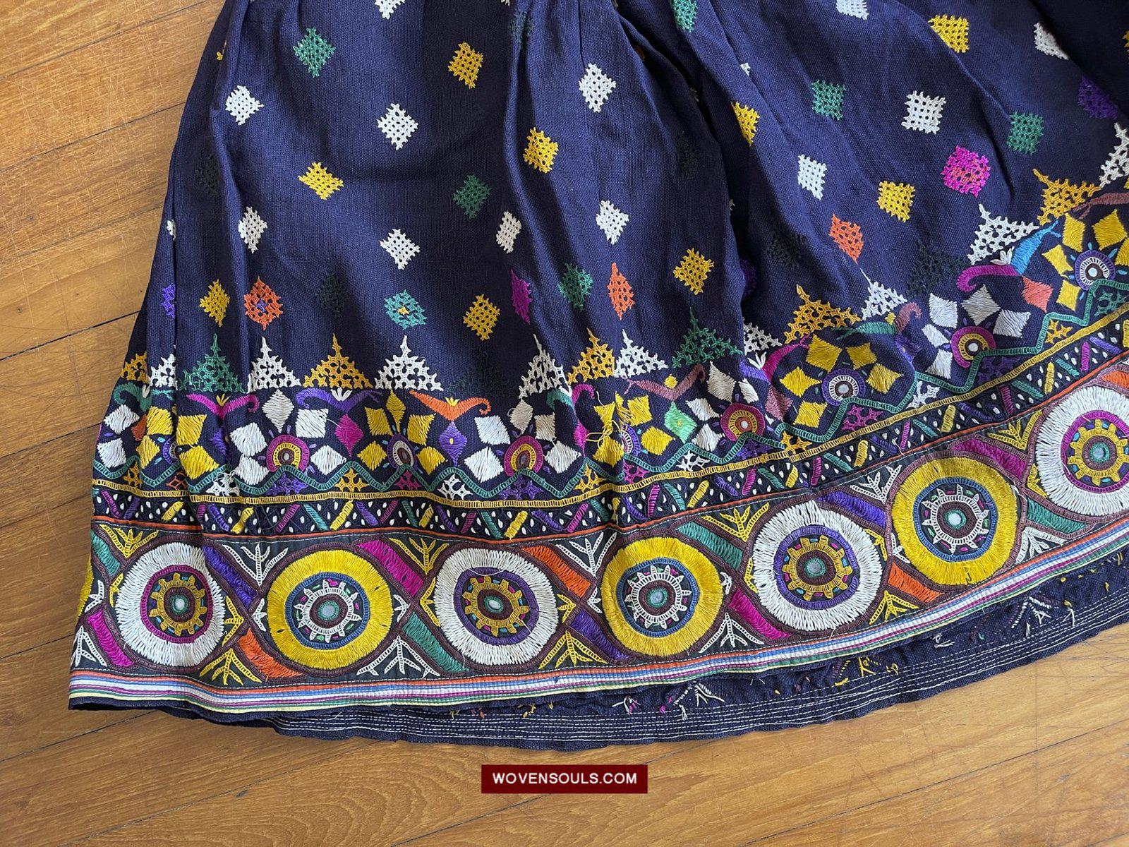 987-A Vintage Blue Gujarati Embroidered Skirt-WOVENSOULS-Antique-Vintage-Textiles-Art-Decor