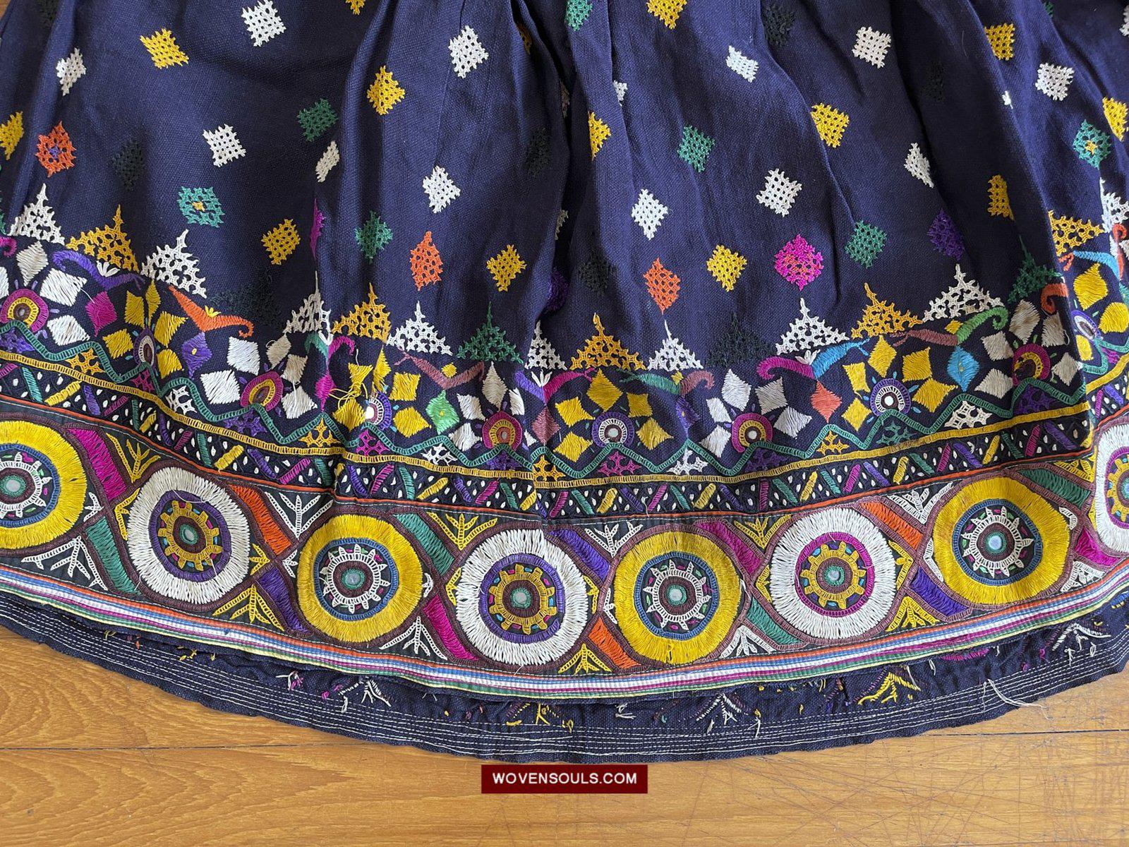 987-A Vintage Blue Gujarati Embroidered Skirt-WOVENSOULS-Antique-Vintage-Textiles-Art-Decor