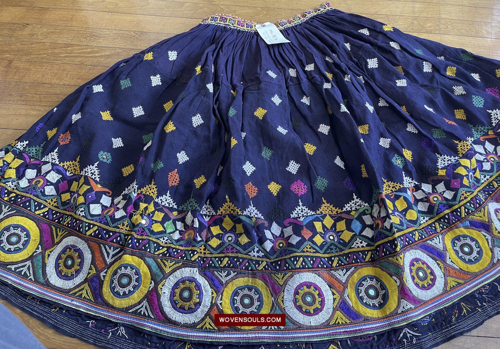 987-A Vintage Blue Gujarati Embroidered Skirt-WOVENSOULS-Antique-Vintage-Textiles-Art-Decor