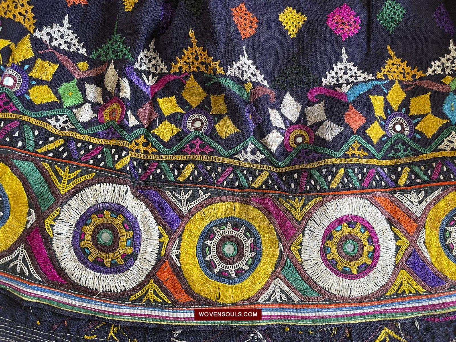 987-A Vintage Blue Gujarati Embroidered Skirt-WOVENSOULS-Antique-Vintage-Textiles-Art-Decor