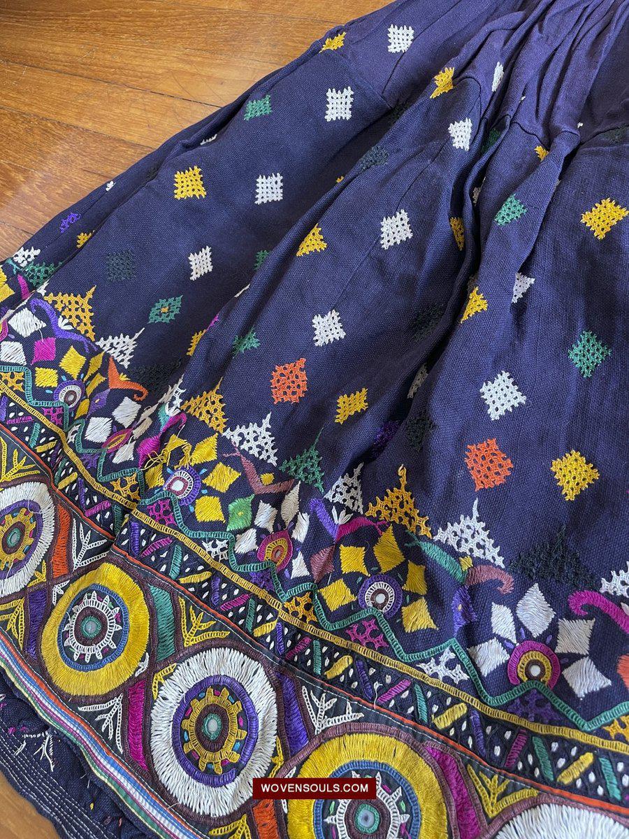 987-A Vintage Blue Gujarati Embroidered Skirt-WOVENSOULS-Antique-Vintage-Textiles-Art-Decor