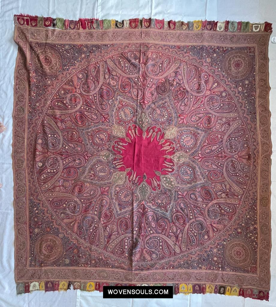 1608 Old Kashmir Silk Embroidered Amli Shawl Rumal-WOVENSOULS Antique Textiles & Art Gallery