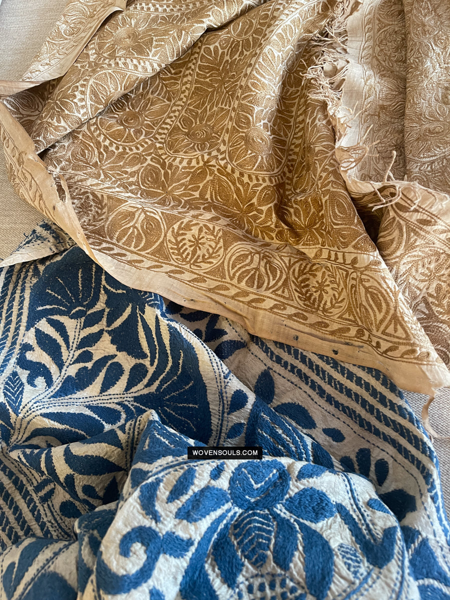 1728 Rare Revival Dhaka Kashida Kantha Silk Embroidery Shawl-WOVENSOULS Antique Textiles & Art Gallery