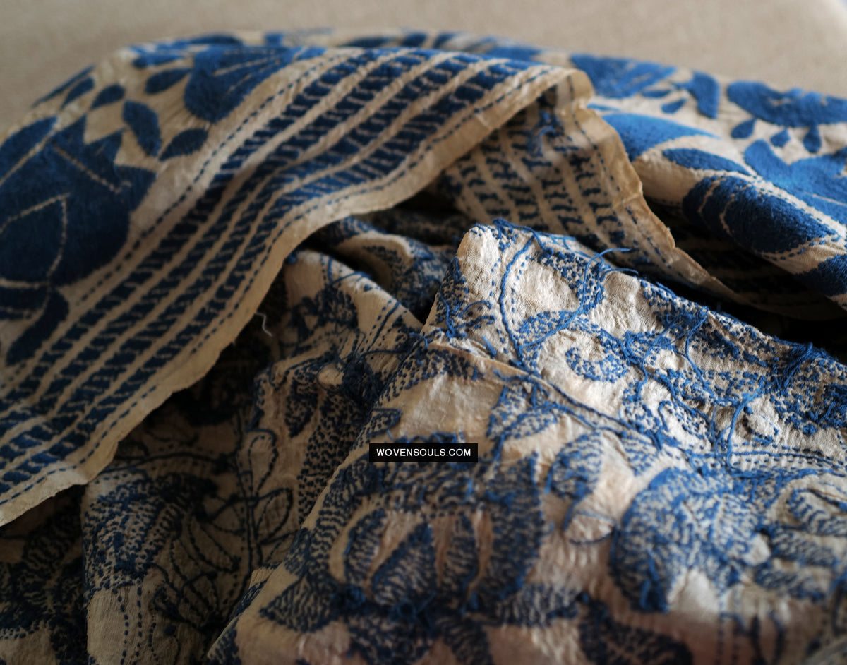 1728 Rare Revival Dhaka Kashida Kantha Silk Embroidery Shawl-WOVENSOULS Antique Textiles & Art Gallery