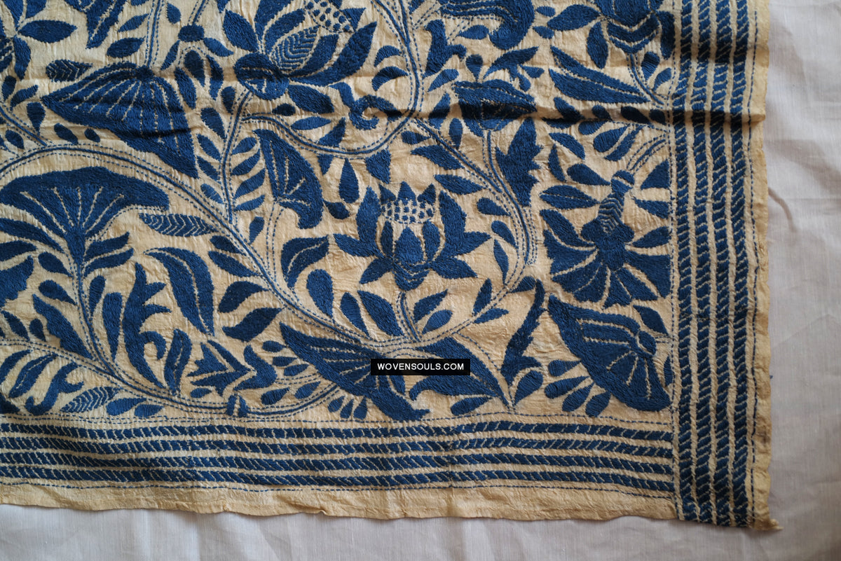1728 Rare Revival Dhaka Kashida Kantha Silk Embroidery Shawl-WOVENSOULS Antique Textiles & Art Gallery