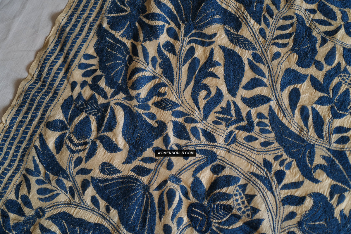 1728 Rare Revival Dhaka Kashida Kantha Silk Embroidery Shawl-WOVENSOULS Antique Textiles & Art Gallery