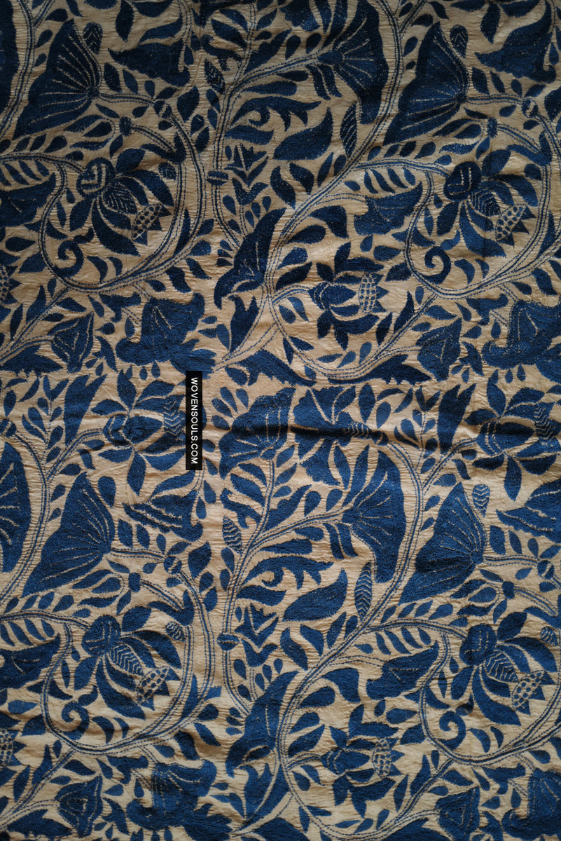 1728 Rare Revival Dhaka Kashida Kantha Silk Embroidery Shawl-WOVENSOULS Antique Textiles & Art Gallery