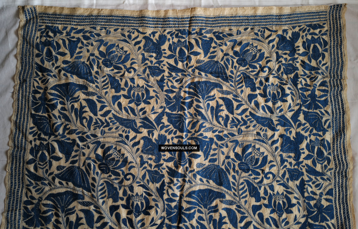 1728 Rare Revival Dhaka Kashida Kantha Silk Embroidery Shawl-WOVENSOULS Antique Textiles & Art Gallery